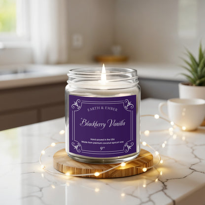 Blackberry Vanilla scented candle with clear reusable jar, eco-friendly coconut wax for a refreshing fragrance and cozy atmosphere.
