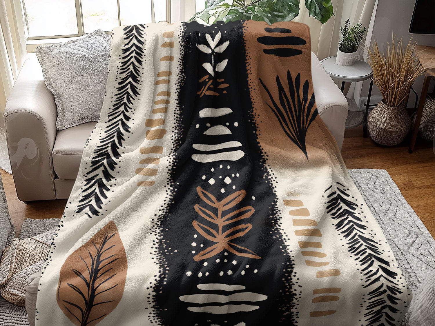 Cozy throw blanket draped over a sofa in a modern living room setting.
