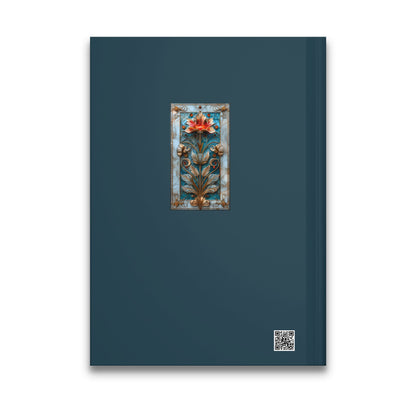 Blue Floral Journal back cover featuring a decorative floral vignette with ornate gold detailing and teal tones.
