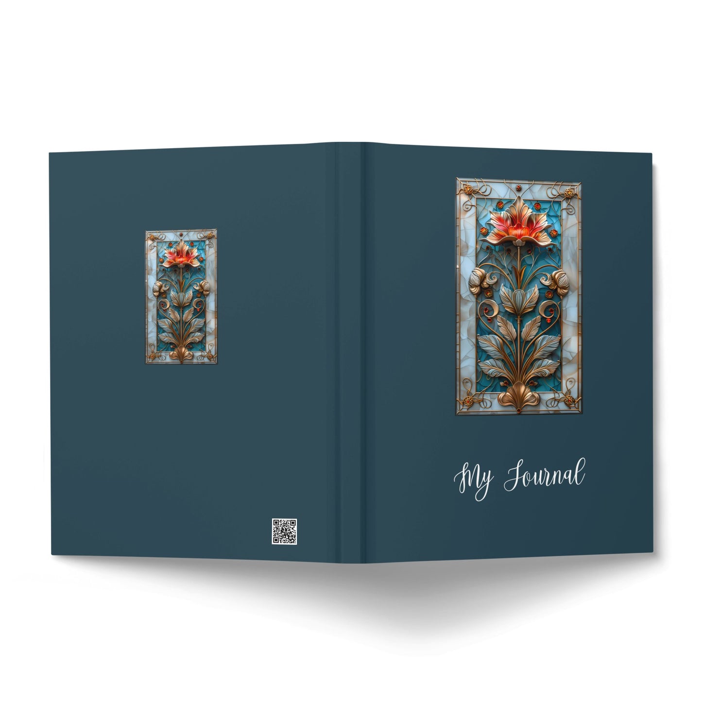 Blue Floral Journal displaying a stained-glass floral medallion cover and coordinating Art Nouveau back design.