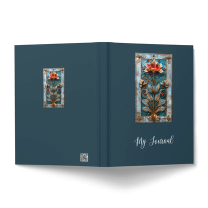 Blue Floral Journal displaying a stained-glass floral medallion cover and coordinating Art Nouveau back design.