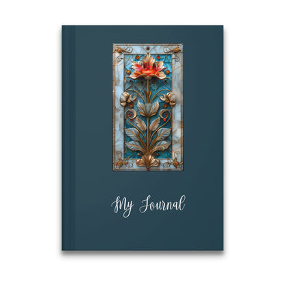 Blue Floral Journal featuring a stained-glass floral medallion with a coral and gold bloom on a teal background.
