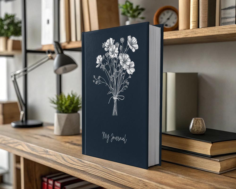 Navy hardcover journal with white botanical wildflower illustration standing upright on a wooden office shelf.