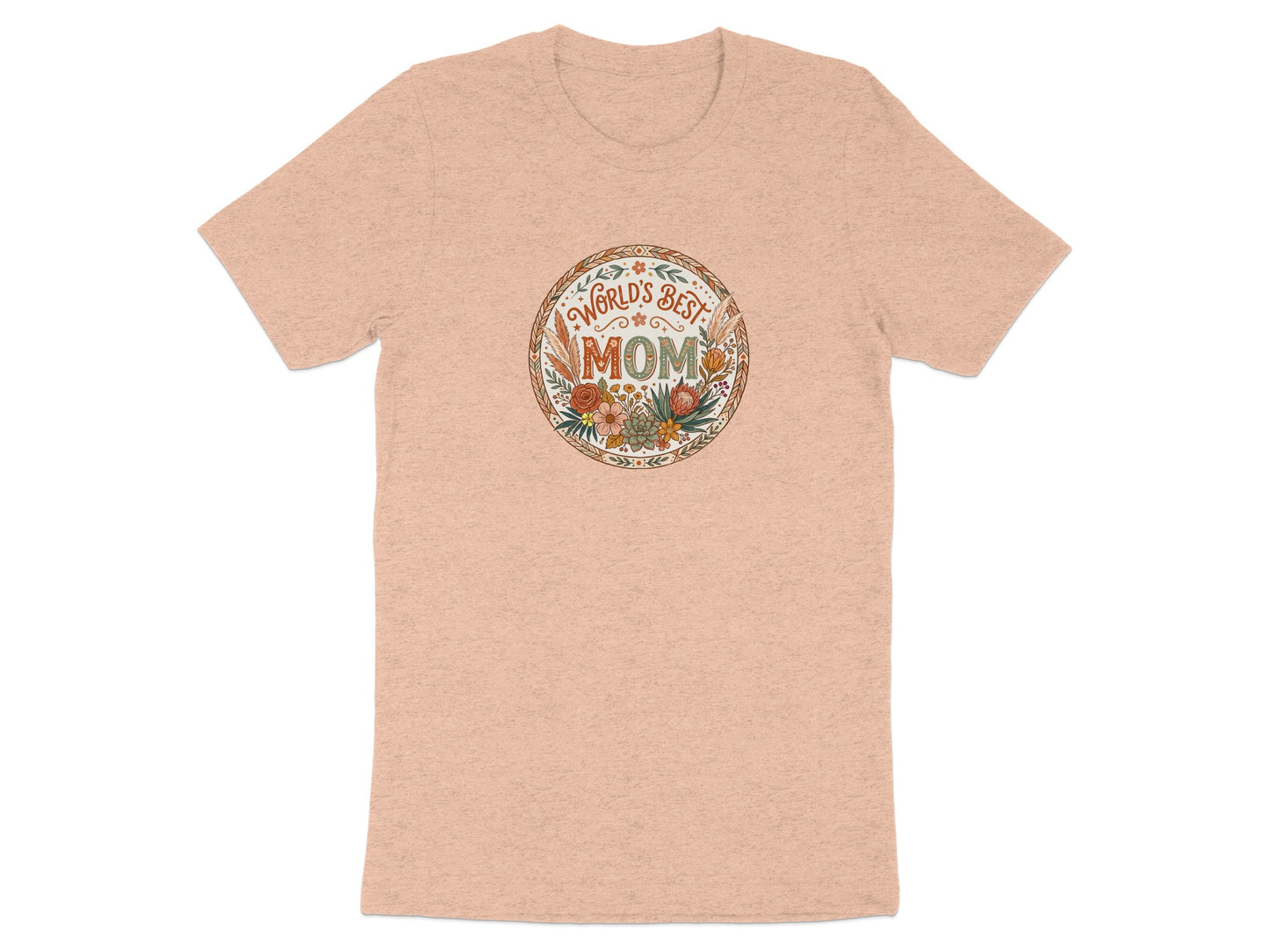 Heather peach boho floral mom t-shirt with soft cotton blend, relaxed unisex fit and nature-inspired design.