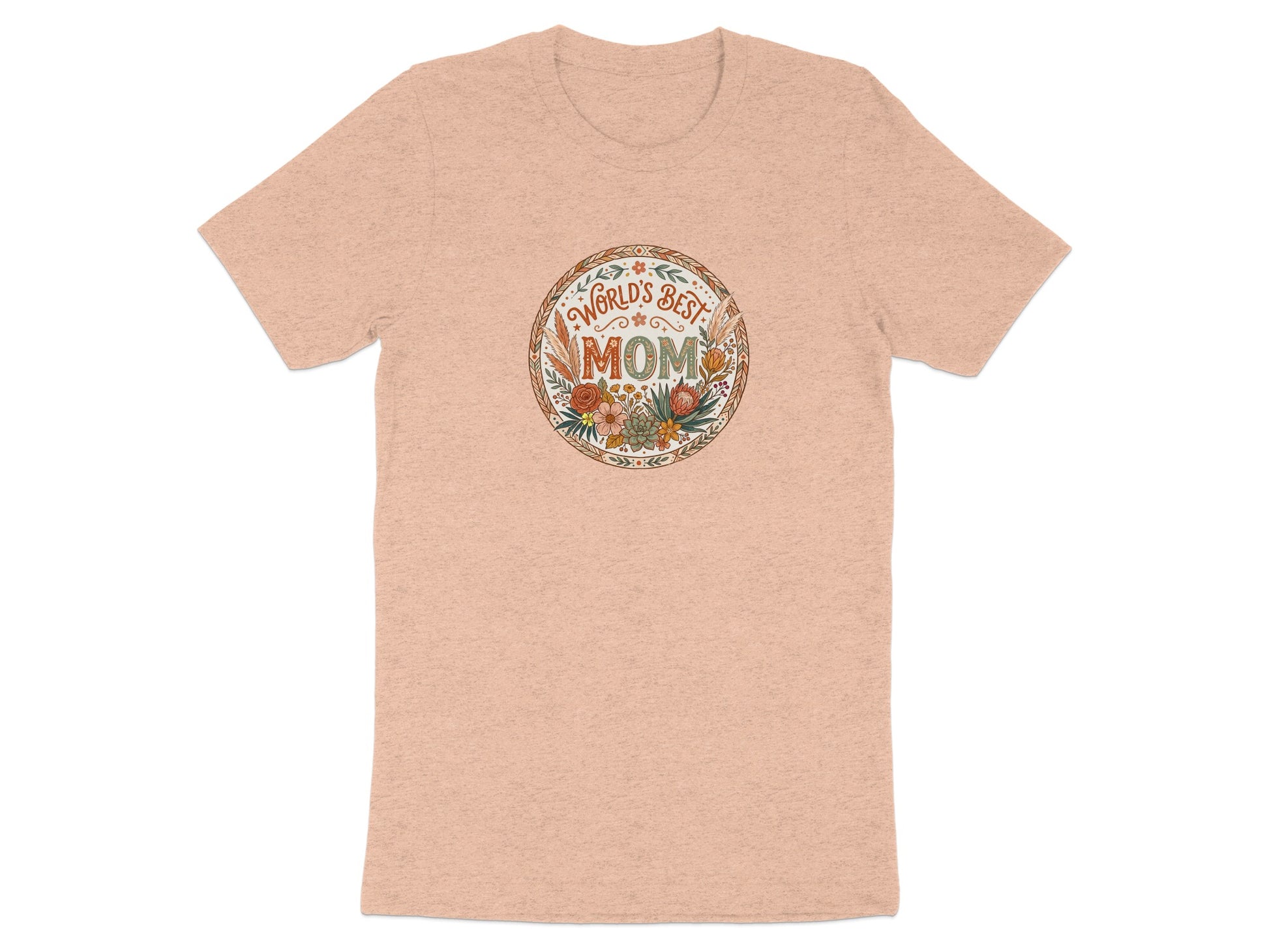 Heather peach boho floral mom t-shirt with soft cotton blend, relaxed unisex fit and nature-inspired design.