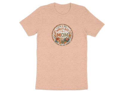 Heather peach boho floral mom t-shirt with soft cotton blend, relaxed unisex fit and nature-inspired design.