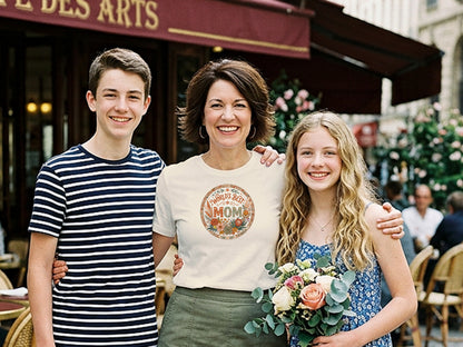 Natural tone floral mom t-shirt with boho design, soft cotton fabric and relaxed fit, ideal for casual wear or gifting.