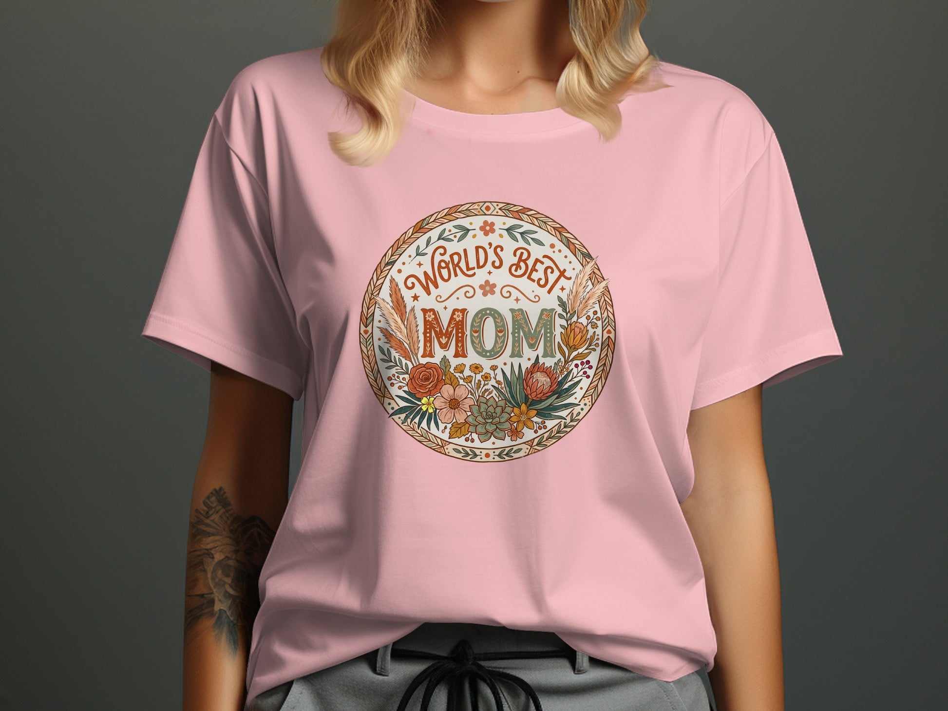 Pink floral mom tee with bohemian style print, lightweight cotton and classic fit, thoughtful Mother’s Day or birthday gift.