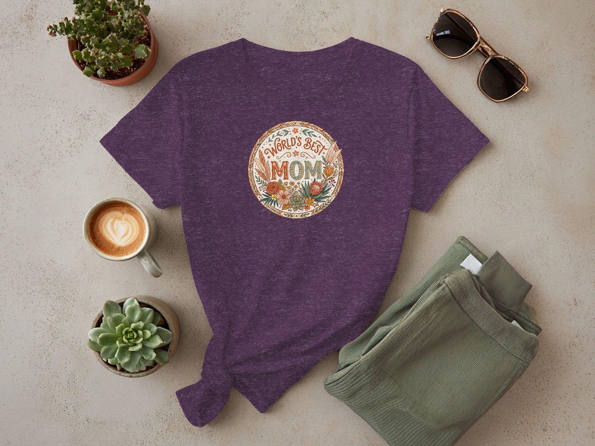 Purple Boho Mom T-Shirt featuring a circular botanical frame of roses and wildflowers with chunky serif lettering.