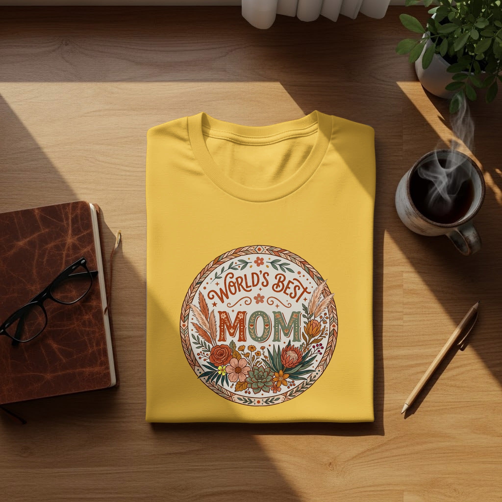 Yellow Boho Floral Mom T-Shirt featuring earthy coral and cream botanical artwork in a clean centred layout.