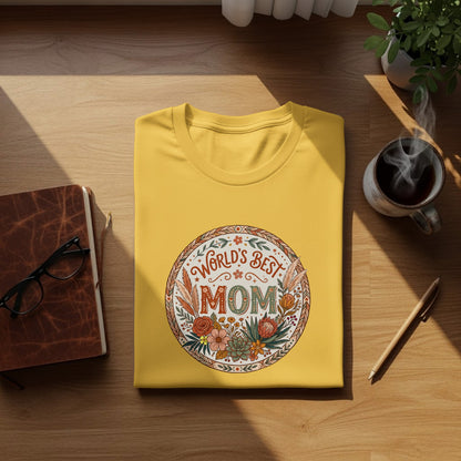 Yellow boho mom t-shirt with floral graphic, lightweight breathable fabric and casual everyday style, perfect gift for her.