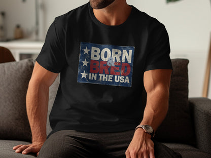 Born & Bred in the USA crewneck T-Shirt featuring bold red and off-white lettering, three white stars and distressed navy artwork.