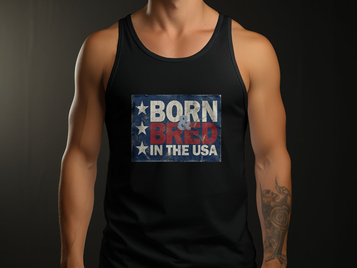 Black Born & Bred in the USA Tank Top featuring bold red and off-white lettering, three white stars and distressed navy artwork.