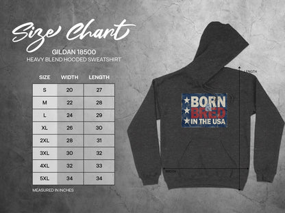 Size chart for Born & Bred in the USA Hoodie showing S–3XL measurements in inches, including chest width and body length.