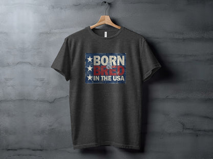 Dark Heather Grey Born & Bred in the USA T-Shirt displaying bold red and off-white text with a distressed Americana design.