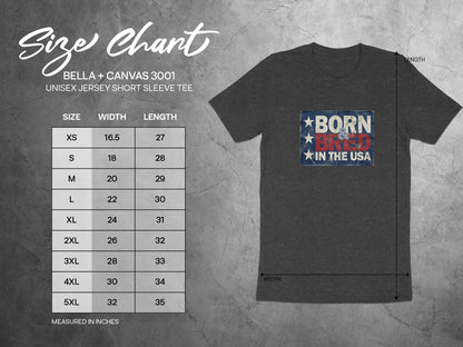 Size chart for the Born & Bred in the USA T-Shirt showing S–3XL measurements, including chest width and body length in inches.