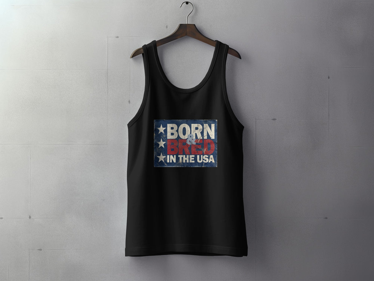 Born & Bred in the USA Tank Top in black, showcasing stacked patriotic text, a weathered blue background and three vertical white star accents.