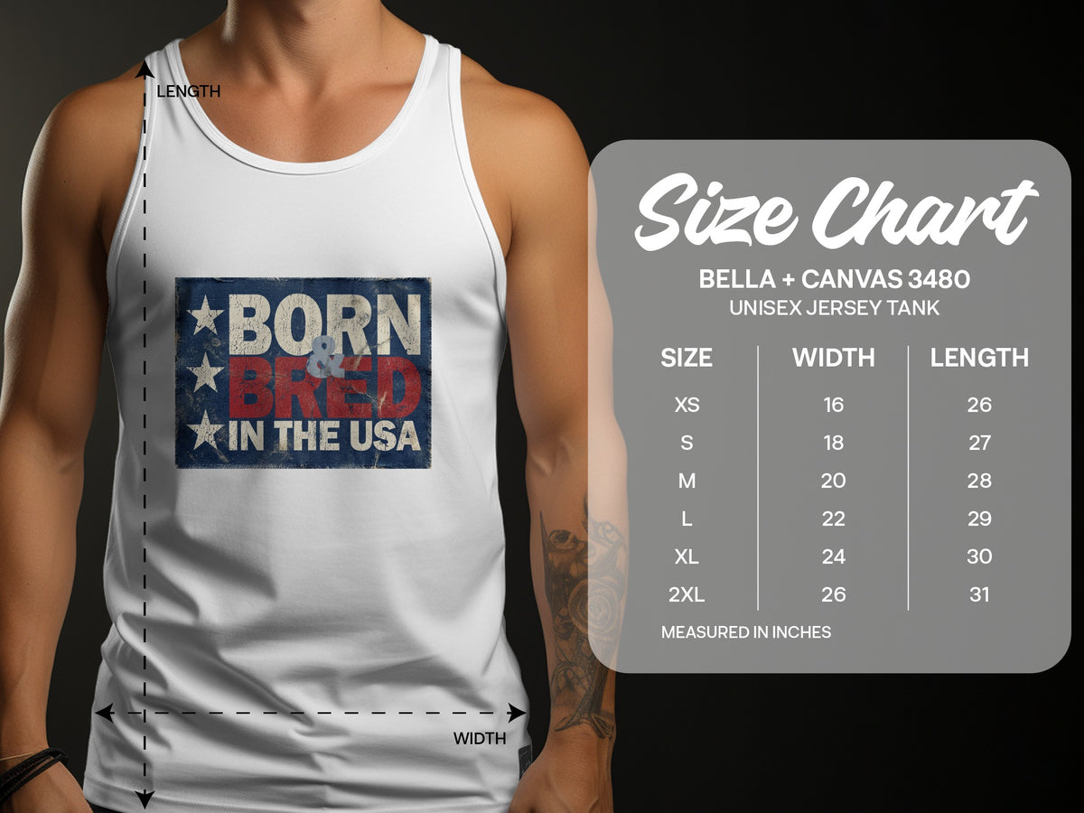Size chart for Born & Bred in the USA Tank Top showing S–2XL measurements in inches, including chest width and body length.
