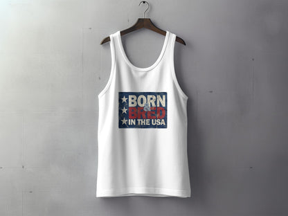White Born & Bred in the USA Tank Top displaying bold red and off-white lettering against a distressed navy graphic with three white stars.