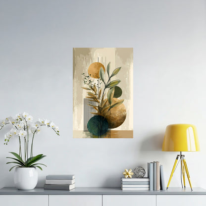 Botanical Elegance Art Poster placed above a sideboard with soft earth tones and warm accents.