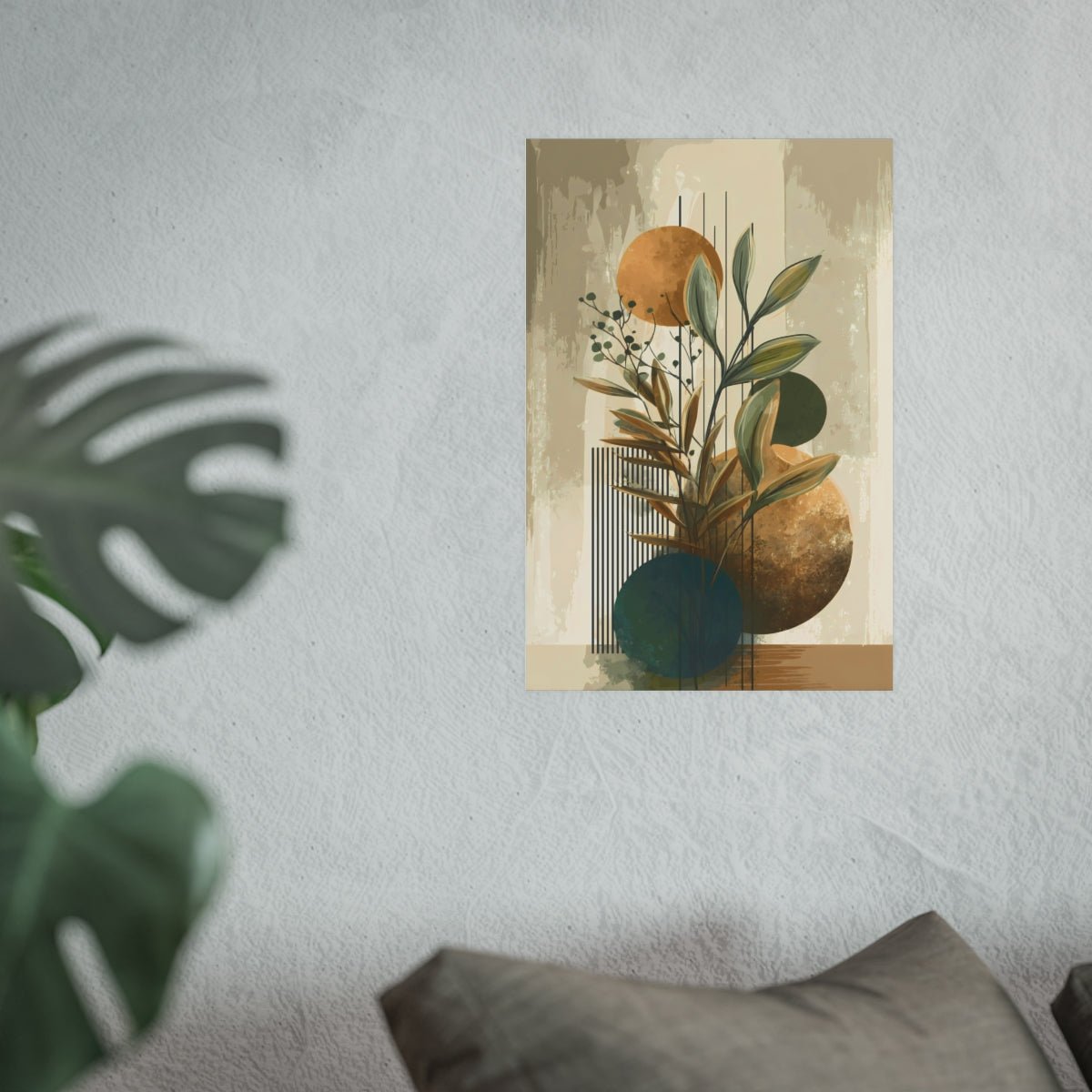 Botanical Elegance Art Poster in 12x18 inch size styled above a couch with refined modern decor.