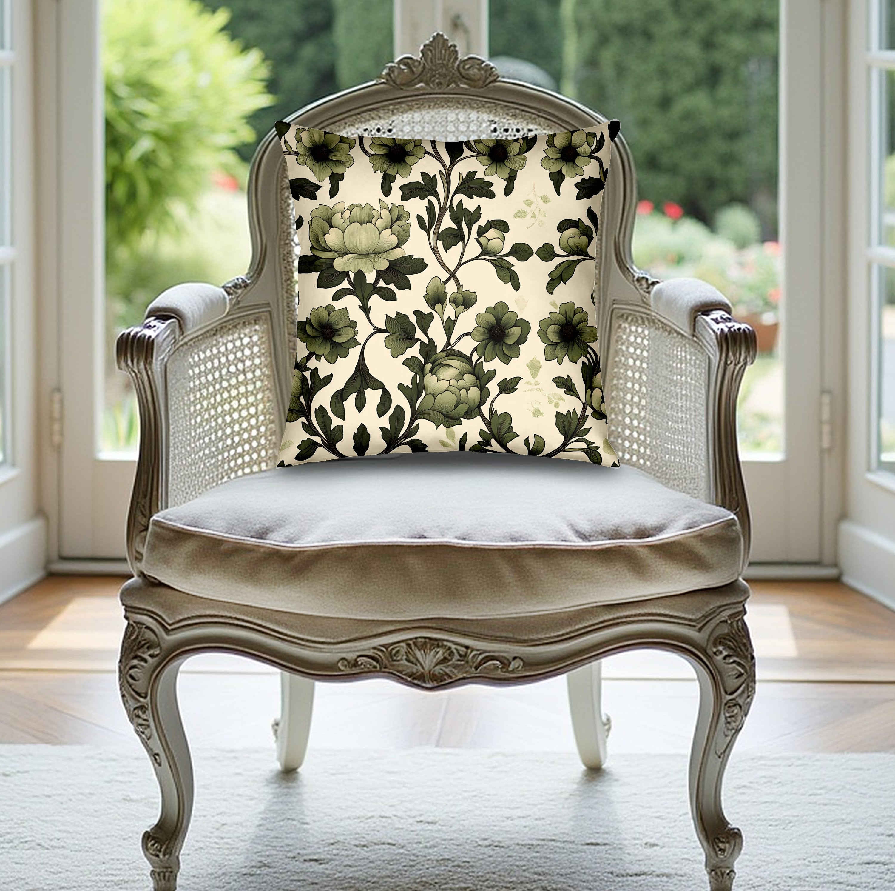 Botanical Harmony Throw Pillow Edition 2 featuring flowing green floral vine pattern with detailed botanical illustration.