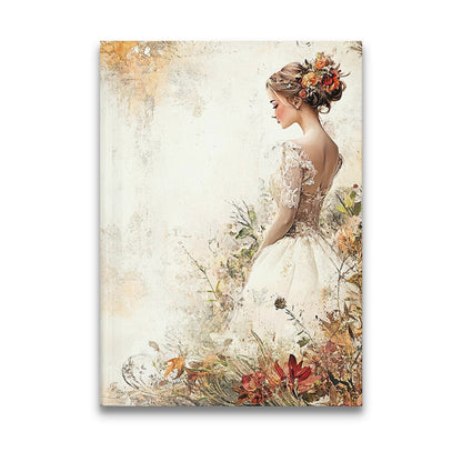 Bridal Floral Journal featuring a woman in a lace gown surrounded by roses and wildflowers in watercolour style.