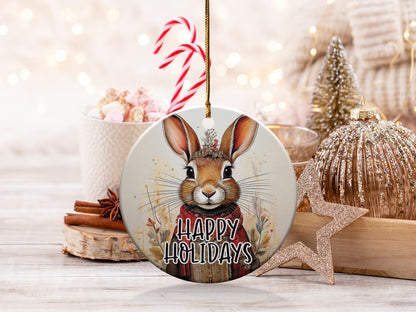 Round holiday ornament showcasing a woodland bunny in rustic festive clothing surrounded by wild grasses.