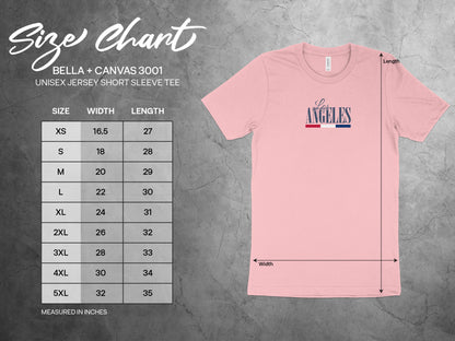California Pride Los Angeles T-Shirt size chart showing unisex chest width and body length measurements from small to 3XL.