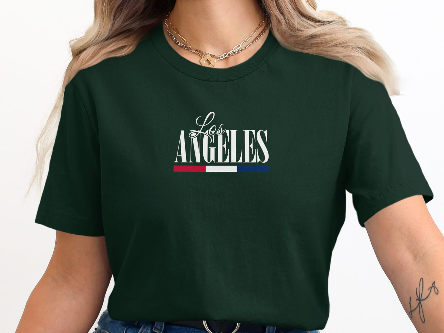 Forest Green California Pride T-Shirt featuring LA script lettering with clean centred composition and subtle vintage Americana styling.