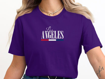 Purple California Pride Los Angeles Tee with centred flowing script and bold typography paired with subtle patriotic accent detail.