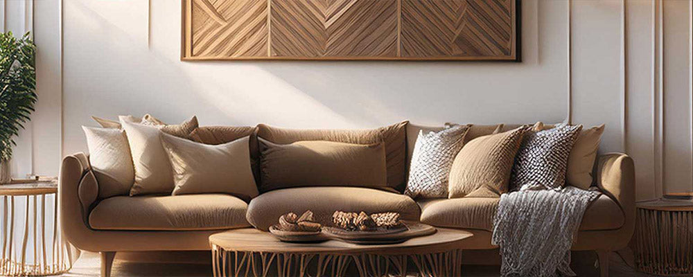 Camel sofa with textured throw pillows beneath timber wall art in a warm modern living room.