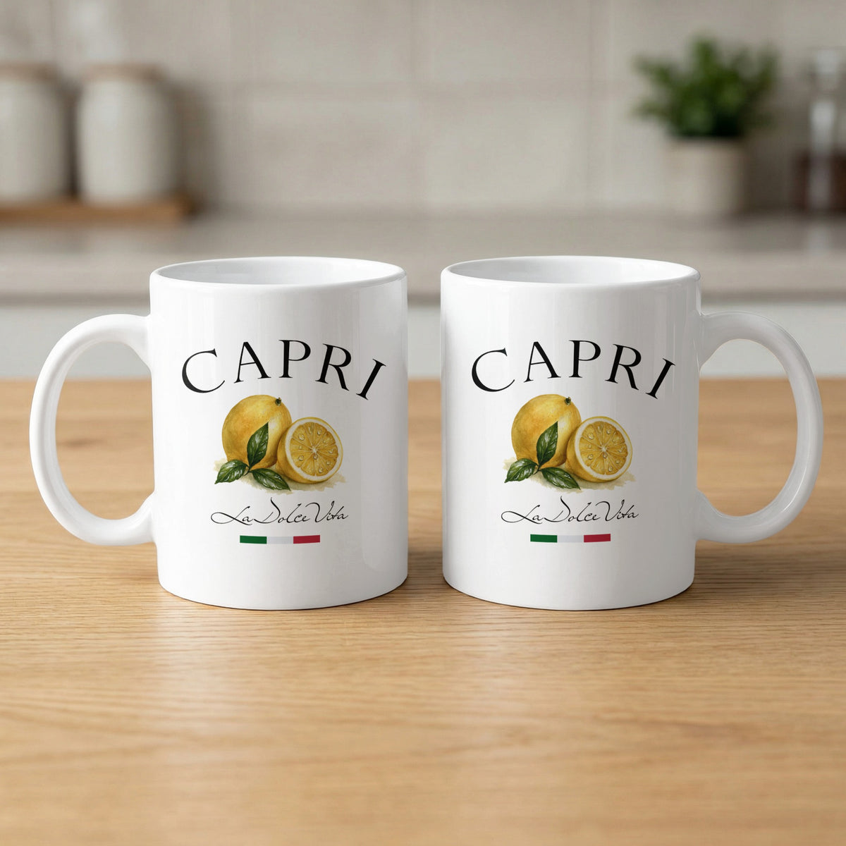Front and back views of two Capri 11oz coffee mugs featuring the lemon illustration and La Dolce Vita design.