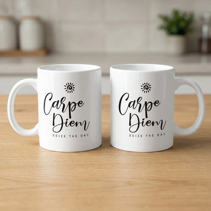 Ceramic Carpe Diem Mug showing front and back views with matching black script and Seize the Day artwork.