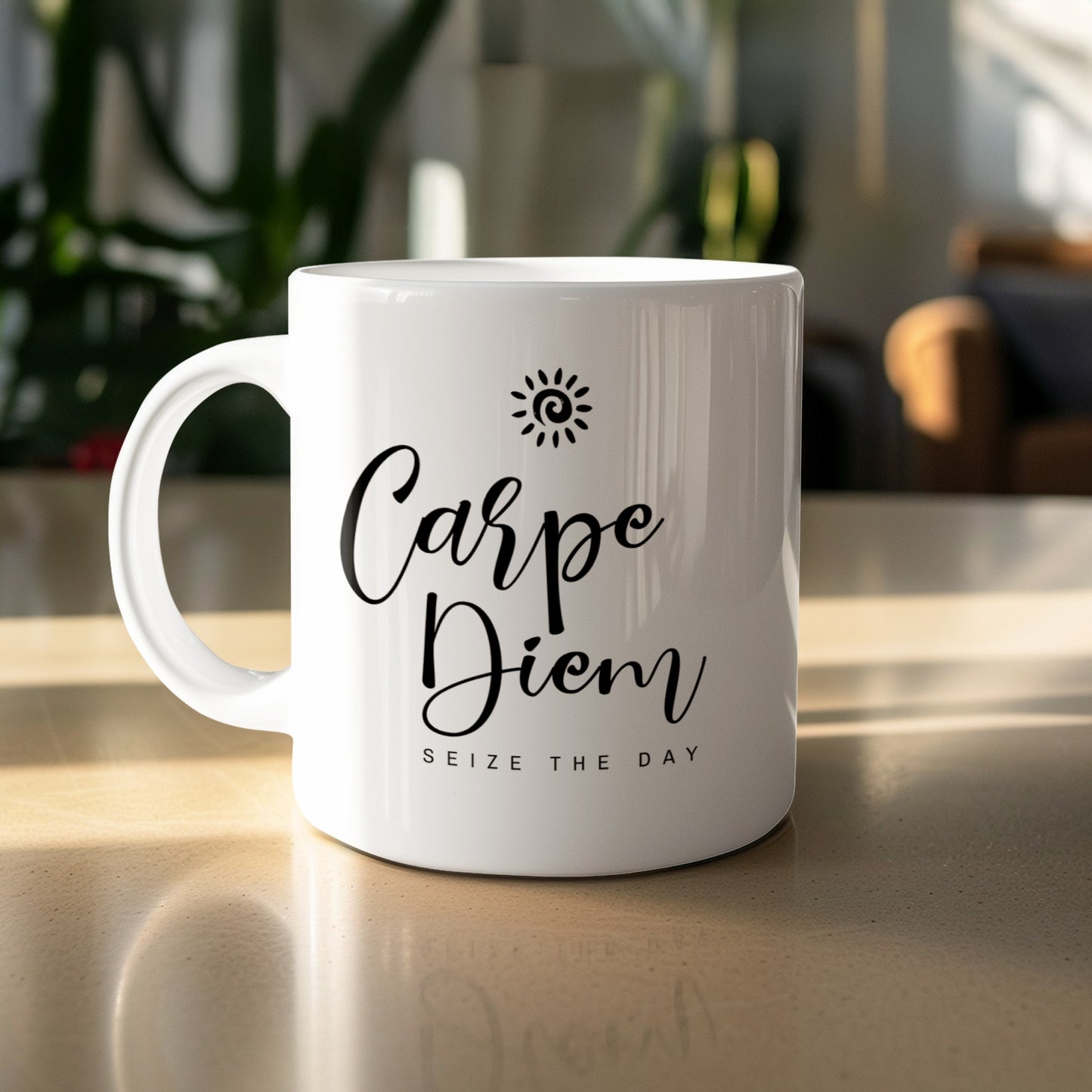11oz Carpe Diem Mug featuring elegant black script, Seize the Day lettering and a spiral sun on white ceramic.