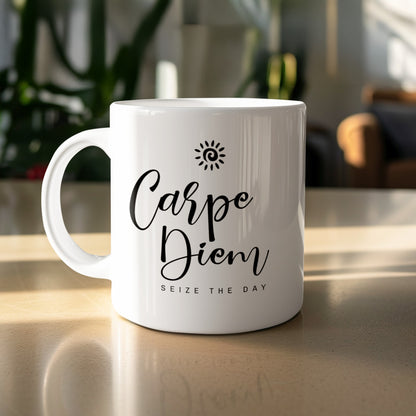 11oz Carpe Diem Mug featuring elegant black script, Seize the Day lettering and a spiral sun on white ceramic.