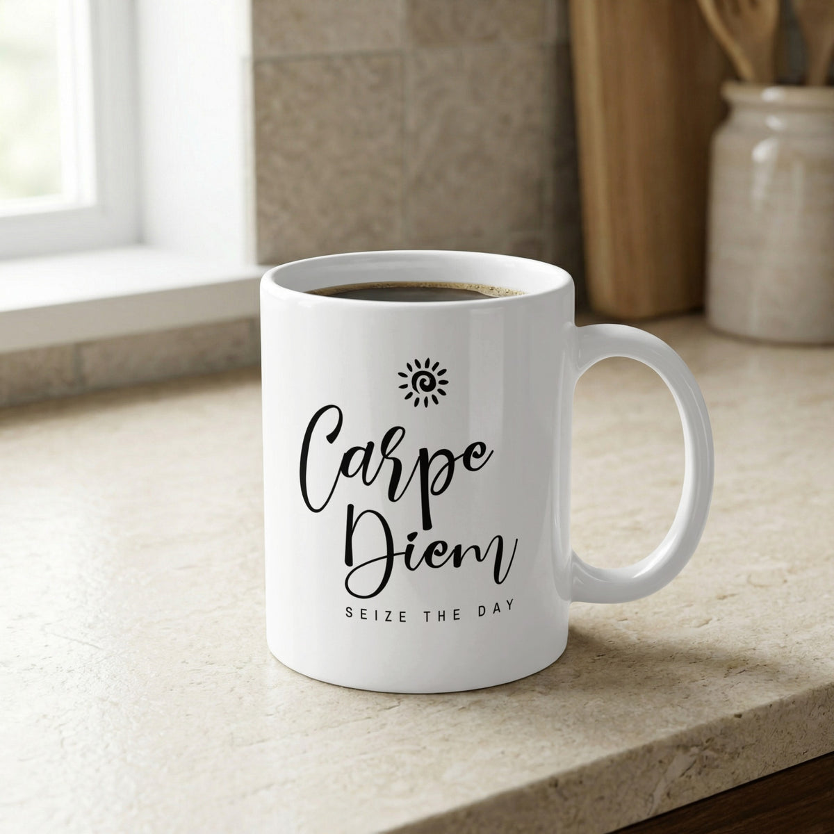 White 11oz Carpe Diem Mug on a kitchen counter featuring black script, Seize the Day text and a spiral sun, showing C-handle design.