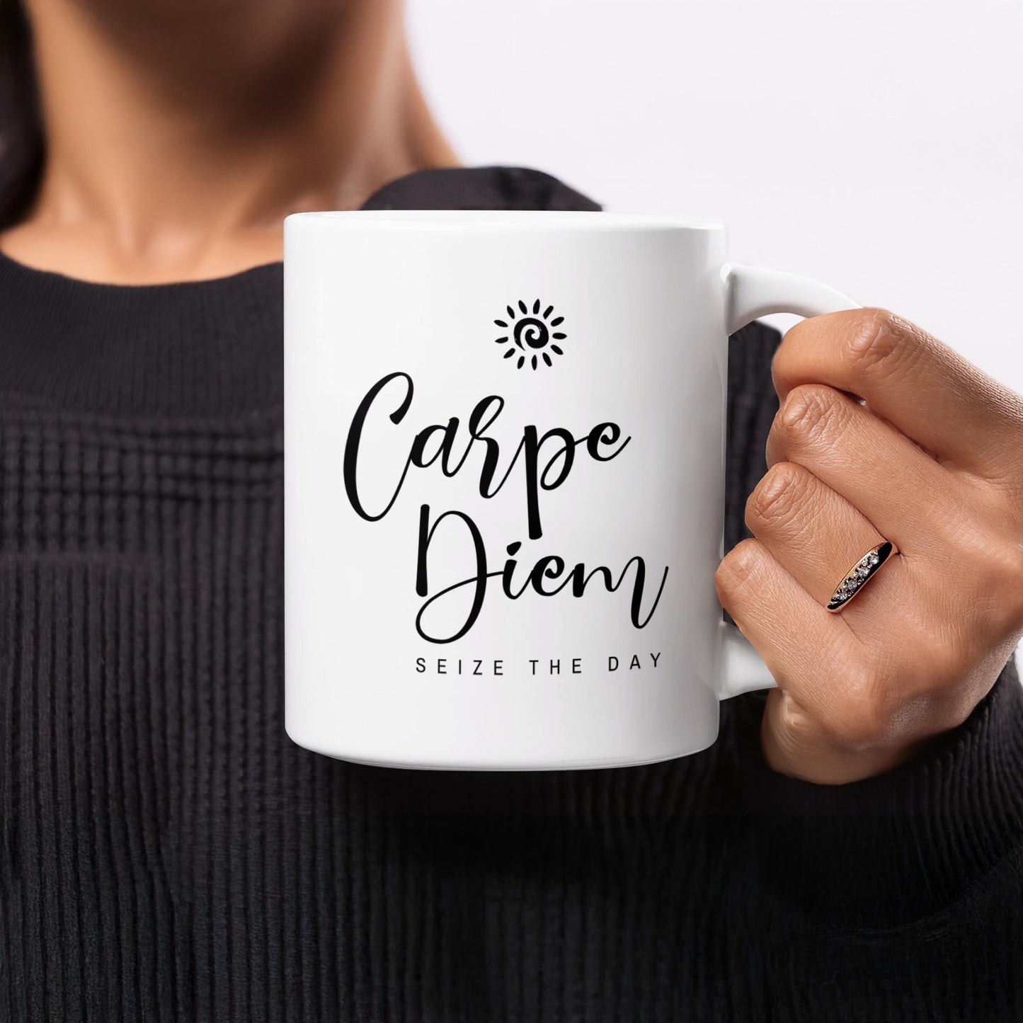 11oz Carpe Diem Mug featuring flowing black script, Seize the Day uppercase lettering and spiral sun design above.