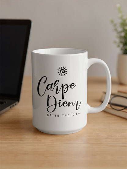 15oz Carpe Diem Mug on an office desk featuring elegant black script and Seize the Day lettering below.