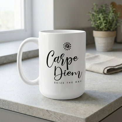 15oz Carpe Diem Mug by a window featuring elegant black script, Seize the Day lettering and a spiral sun icon.