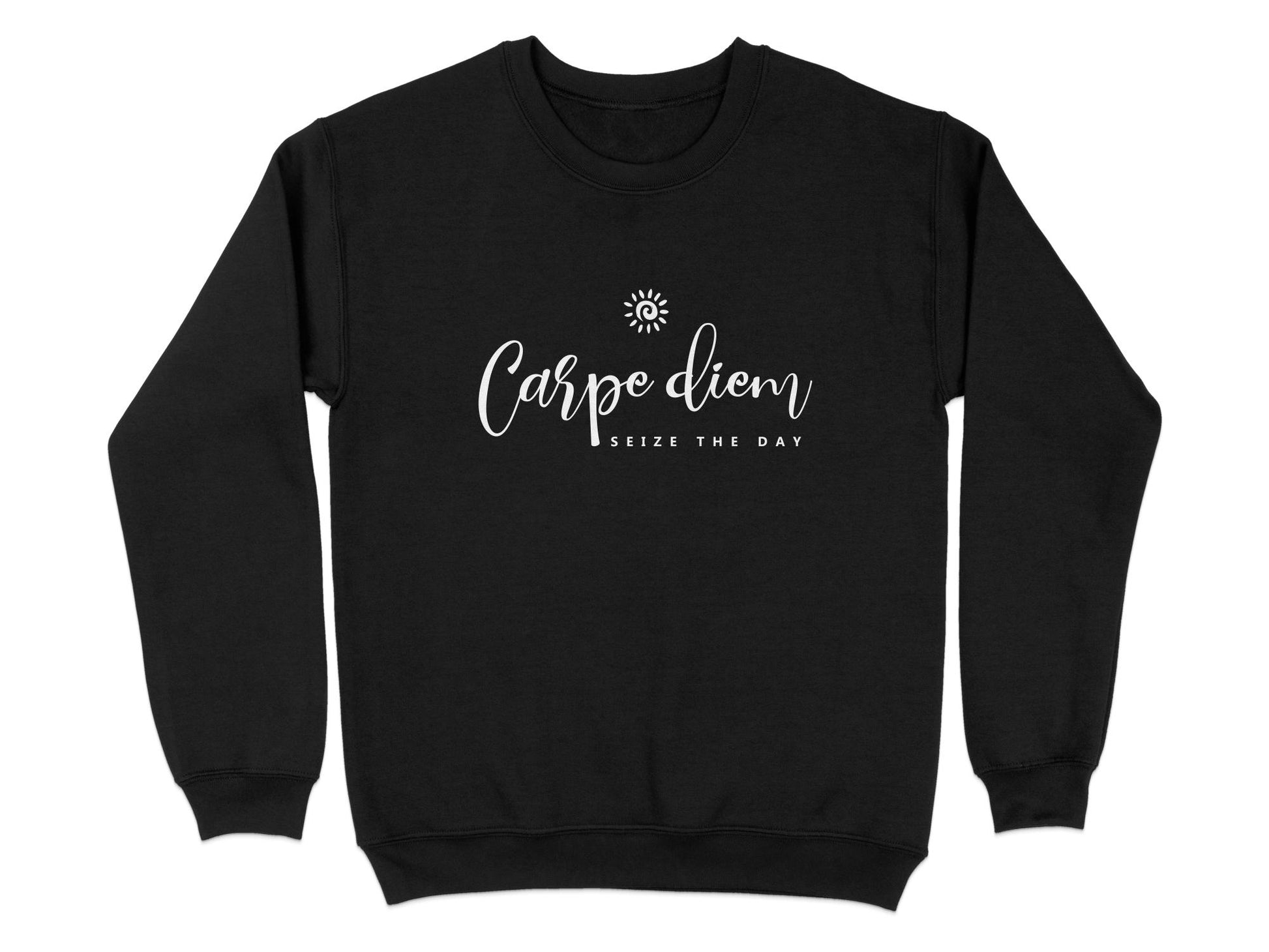 Black Carpe Diem sweatshirt with centred sun motif, flowing white calligraphy script and clean spaced uppercase chest lettering.
