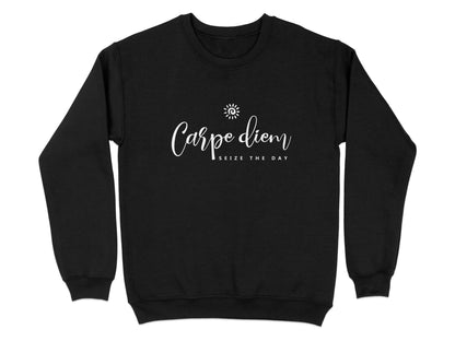 Black Carpe Diem sweatshirt with centred sun motif, flowing white calligraphy script and clean spaced uppercase chest lettering.