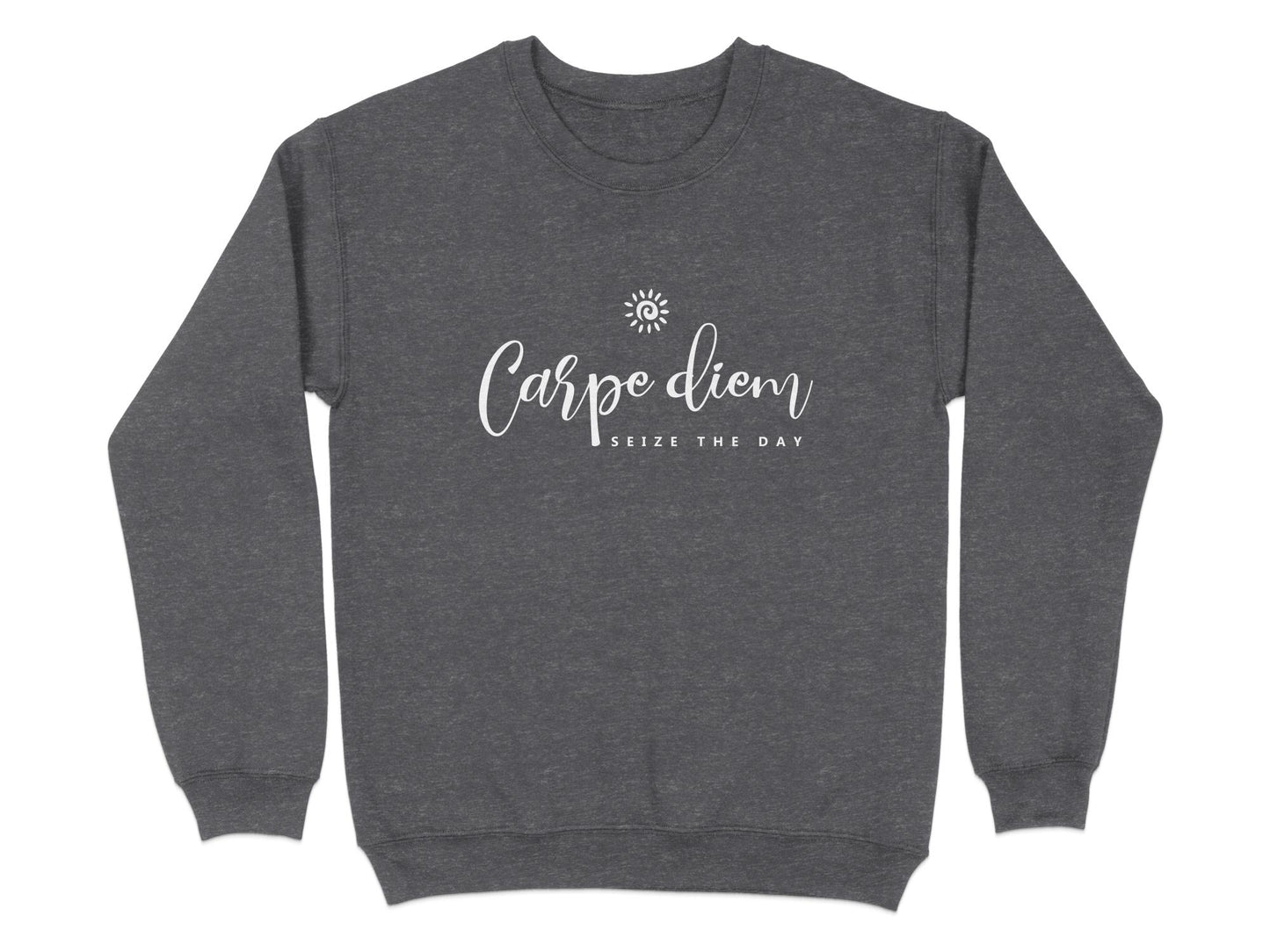Dark heather Carpe Diem sweatshirt with sun symbol chest print, white script lettering and spaced capital motivational text.