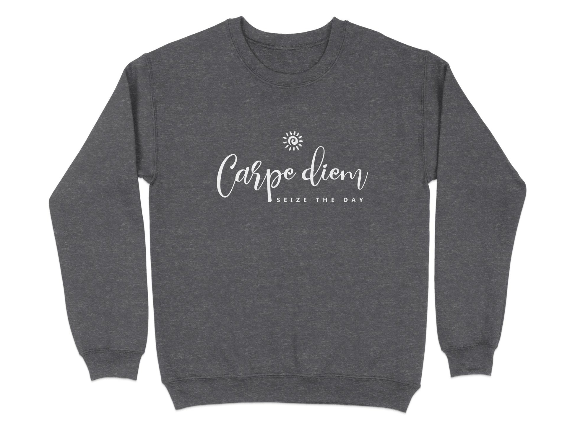 Dark heather Carpe Diem sweatshirt with sun symbol chest print, white script lettering and spaced capital motivational text.