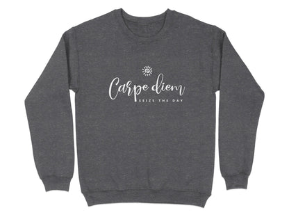 Dark heather Carpe Diem sweatshirt with sun symbol chest print, white script lettering and spaced capital motivational text.