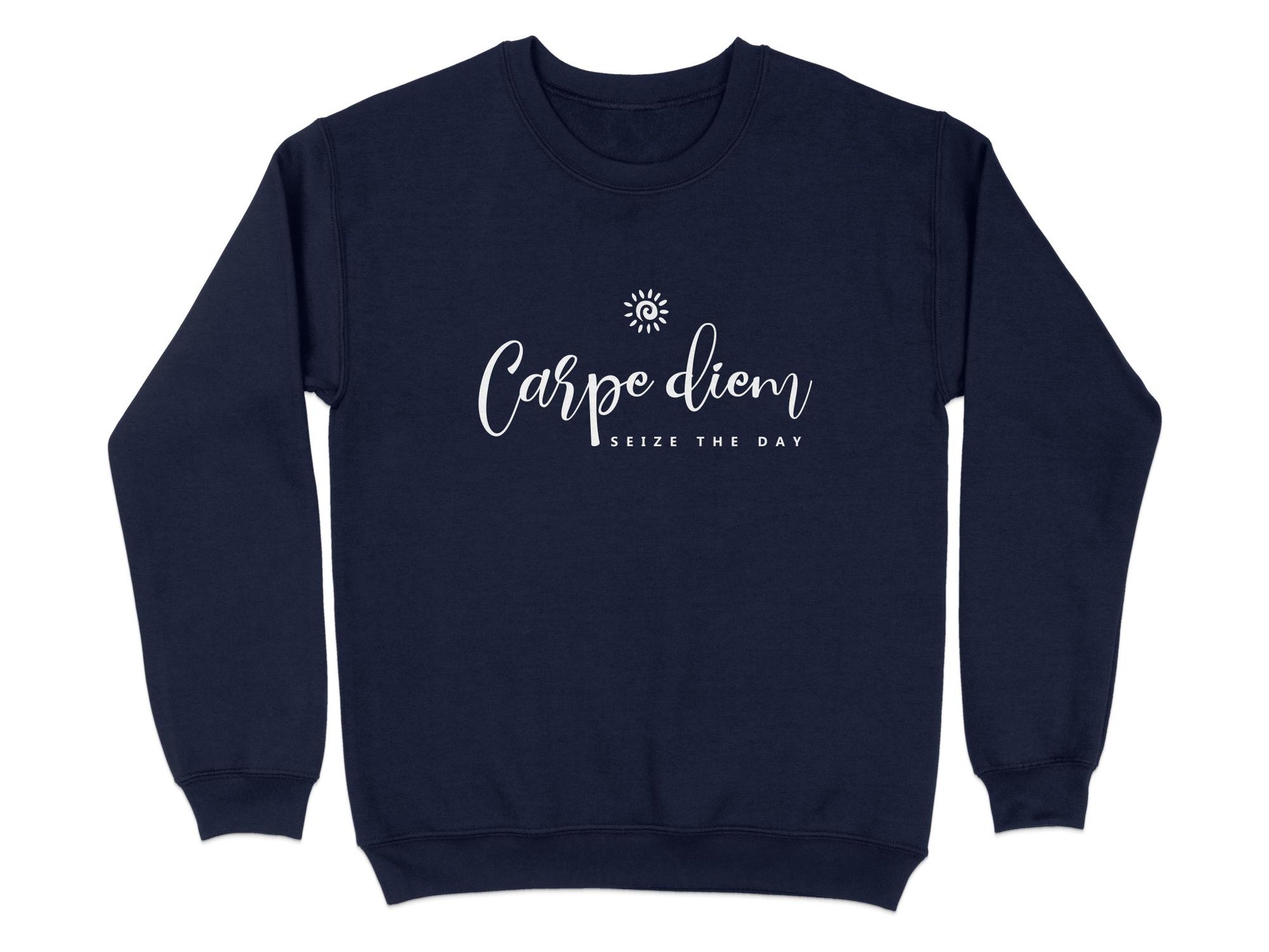 Navy Carpe Diem sweatshirt with chest spiral sun graphic, cursive typography and minimalist stacked text composition centre-chest.