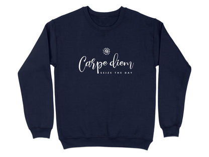 Navy Carpe Diem sweatshirt with chest spiral sun graphic, cursive typography and minimalist stacked text composition centre-chest.