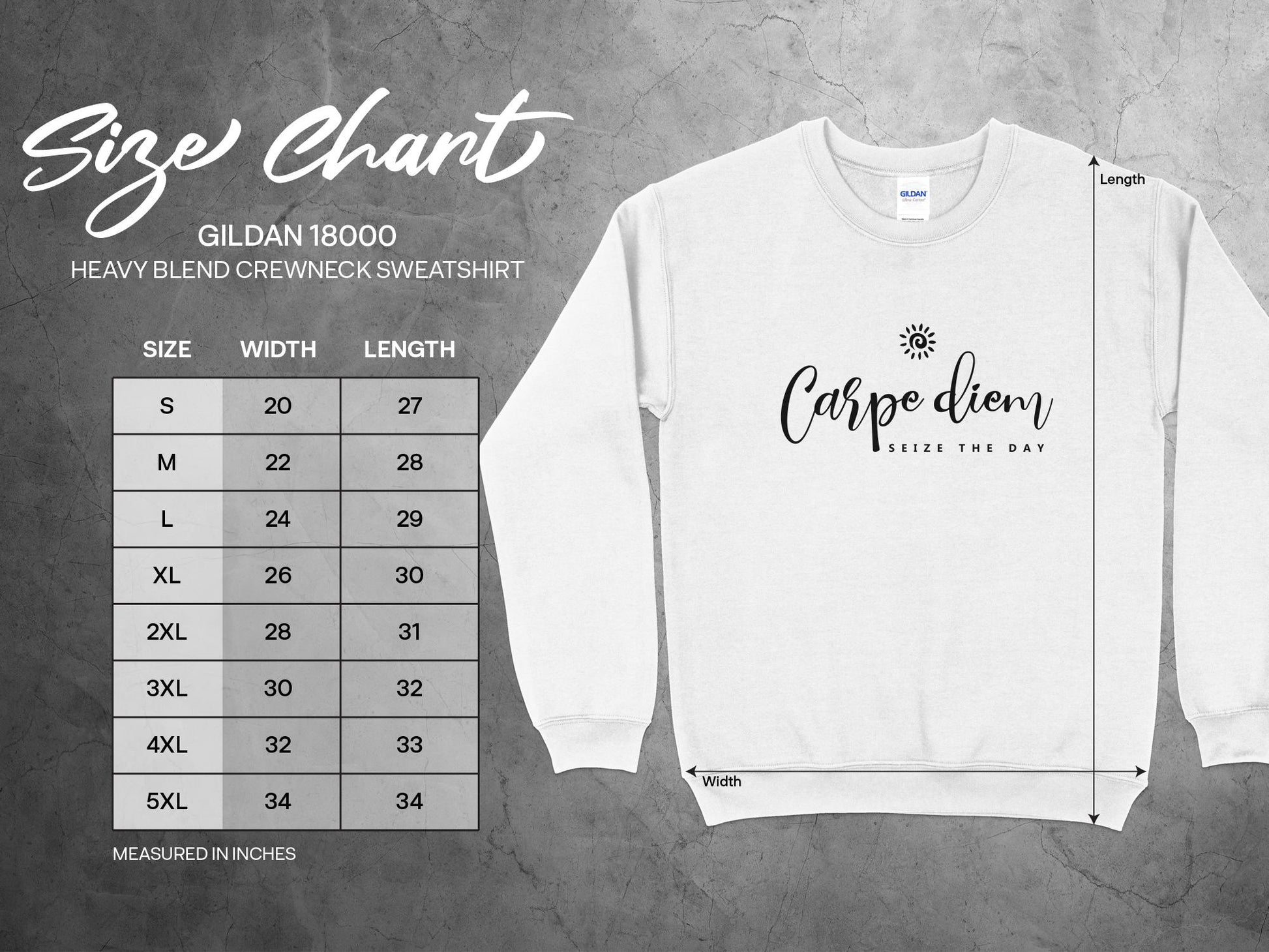 Size chart for Carpe Diem sweatshirt showing unisex S–3XL chest width and body length measurements for accurate fit.