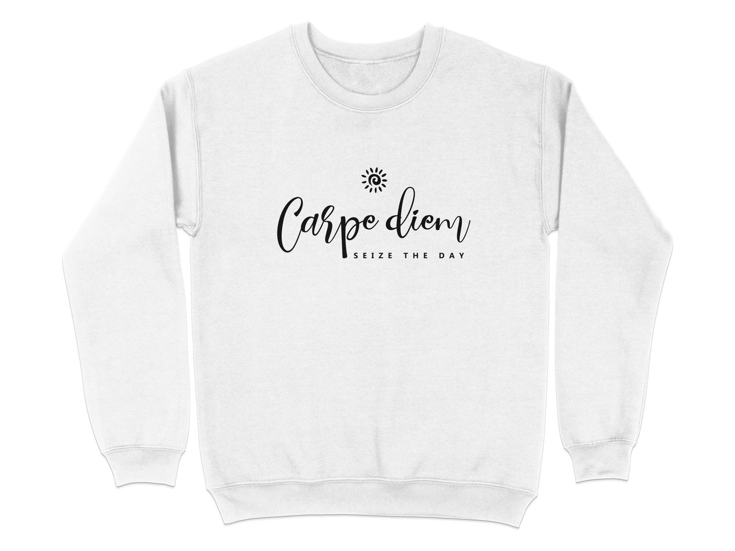 White Carpe Diem sweatshirt featuring spiral sun icon, cursive black script text and minimal spaced capital chest typography.