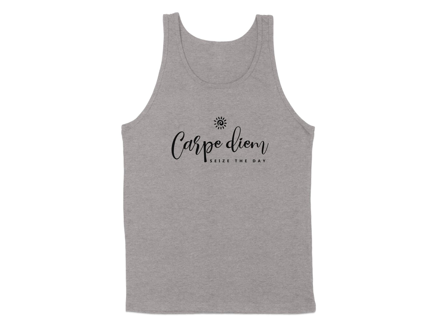 Athletic Heather Carpe Diem tank top with flowing black script typography beneath a minimalist sun illustration and uppercase text.
